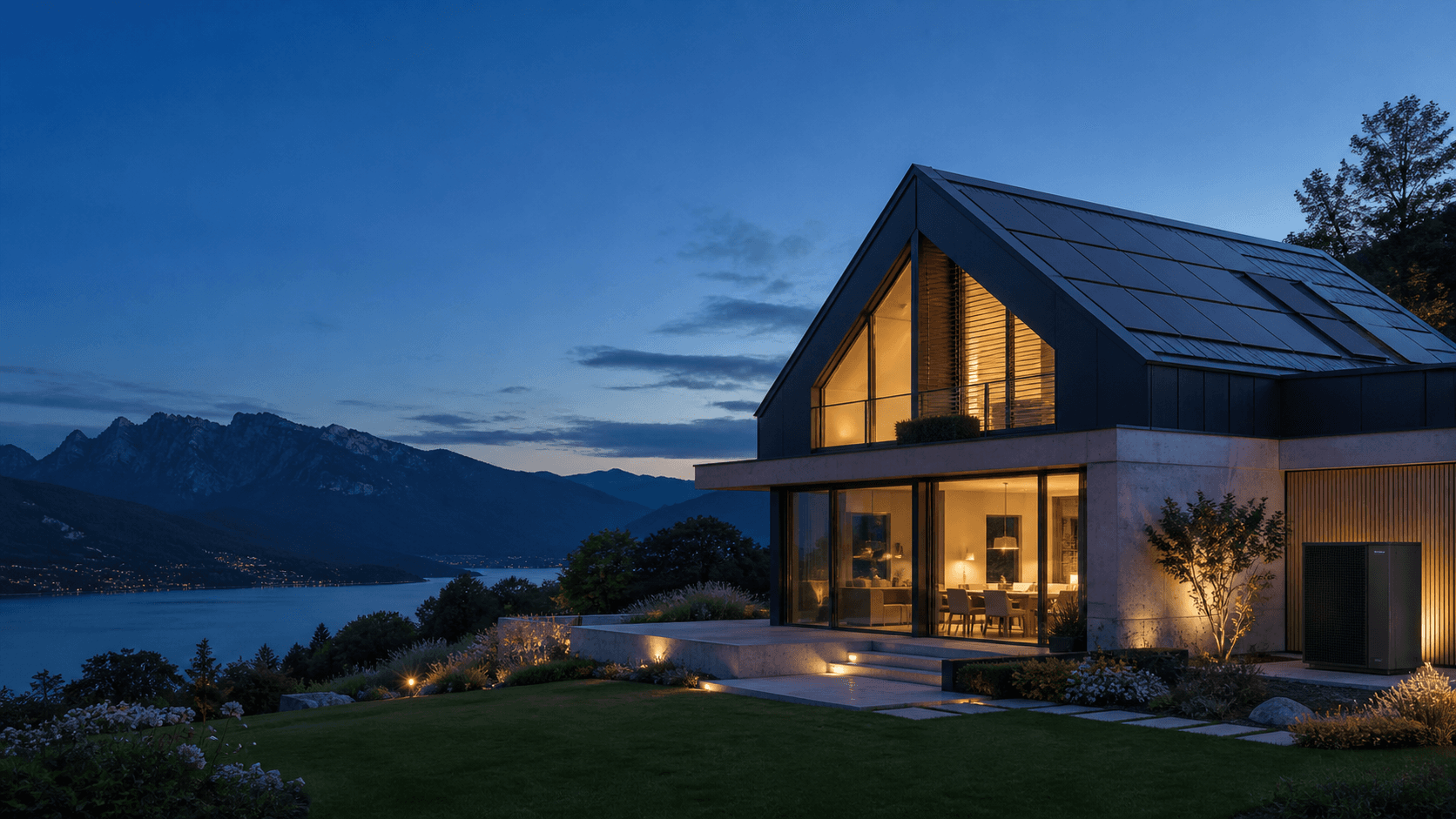 Wohnhaus mit Photovoltaik und Wärmepumpe zur blauen Stunde