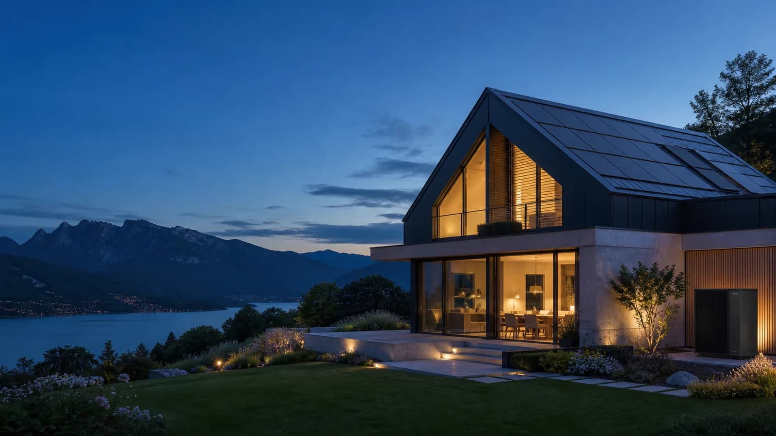 Wohnhaus mit Photovoltaik und Wärmepumpe zur blauen Stunde
