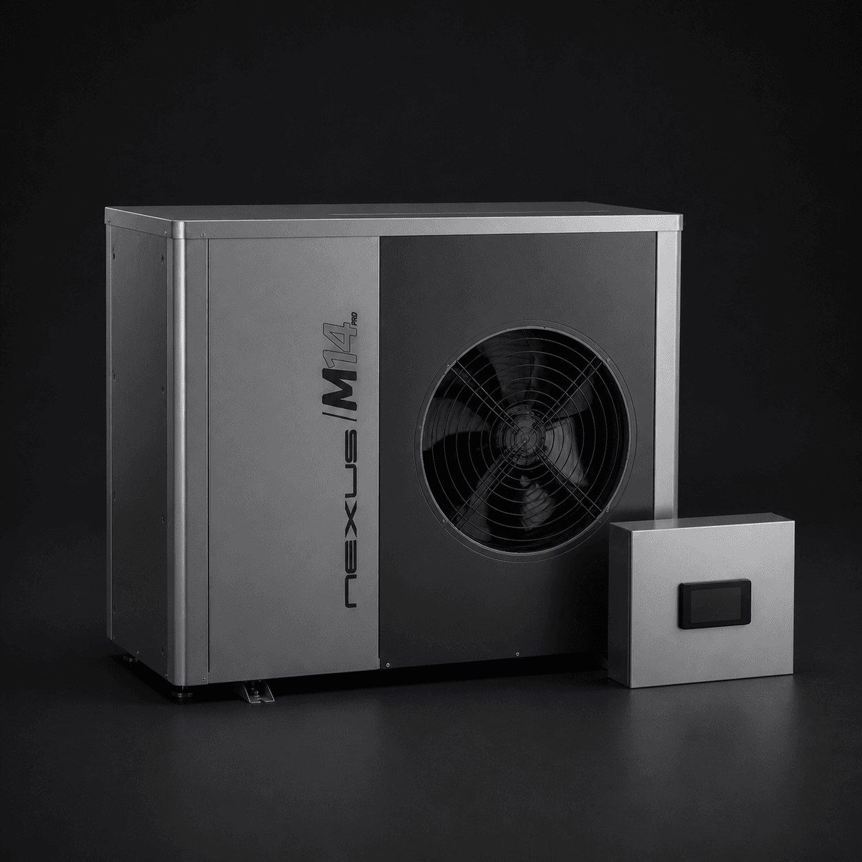 Nexus M PRO Wärmepumpe mit Außengerät und Bedieneinheit im Studio